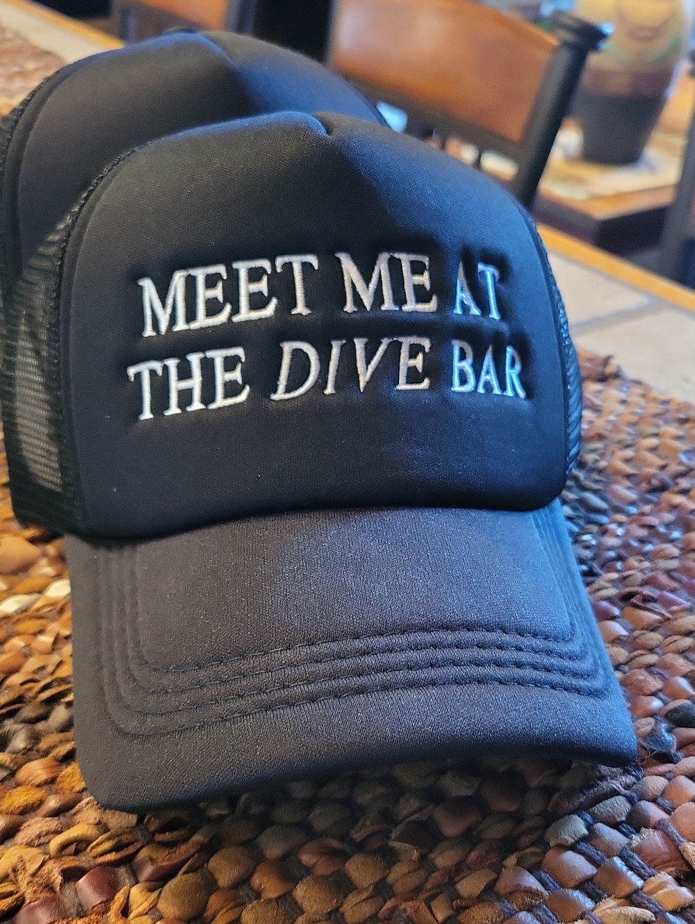 Black Embroidered 'Meet Me At The Dive Bar' Trucker Cap